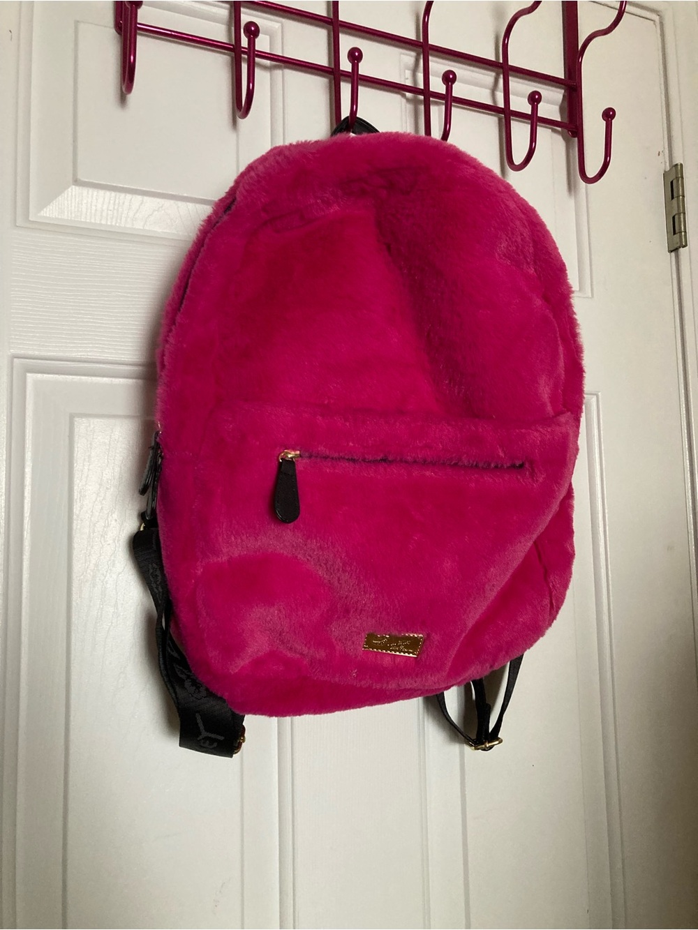Betsey Johnson Hot Pink Faux Fur Backpack with Gold Accents